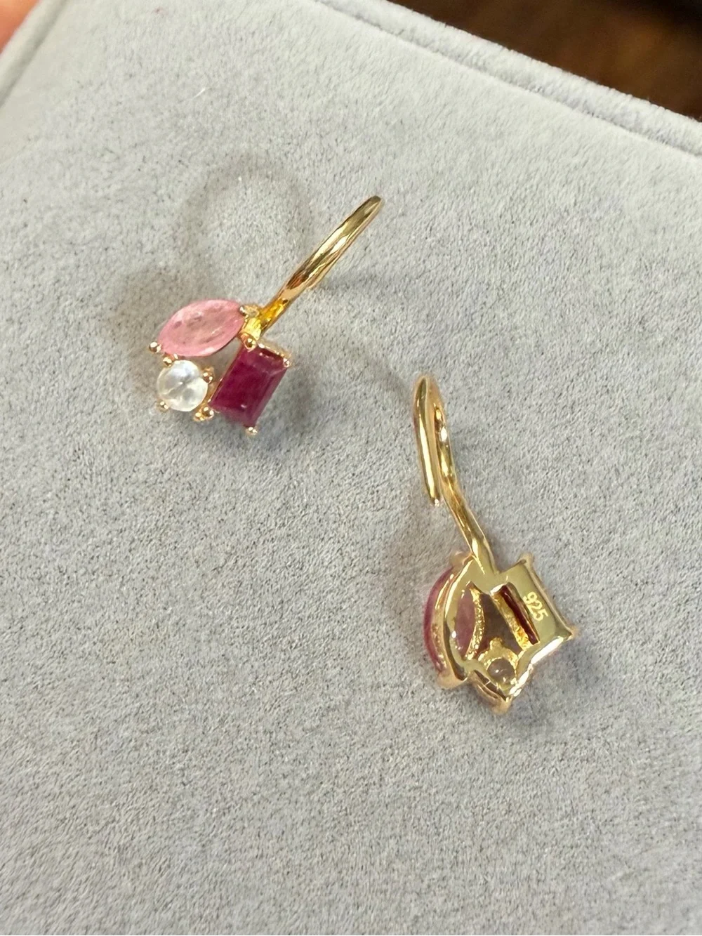 Stunning Natural 1.10CT Red & Pink Ruby & Topaz French Hook 18K Gold Earrings